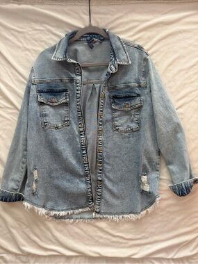 Pilcro Light Blue Distressed Jean Jacket with Frayed Hem